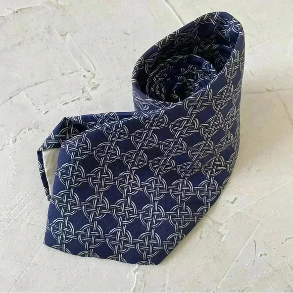 Hermes Necktie Men's 100% Silk Luxury Geometric Chain Logo Blu Made in France - Picture 11 of 11